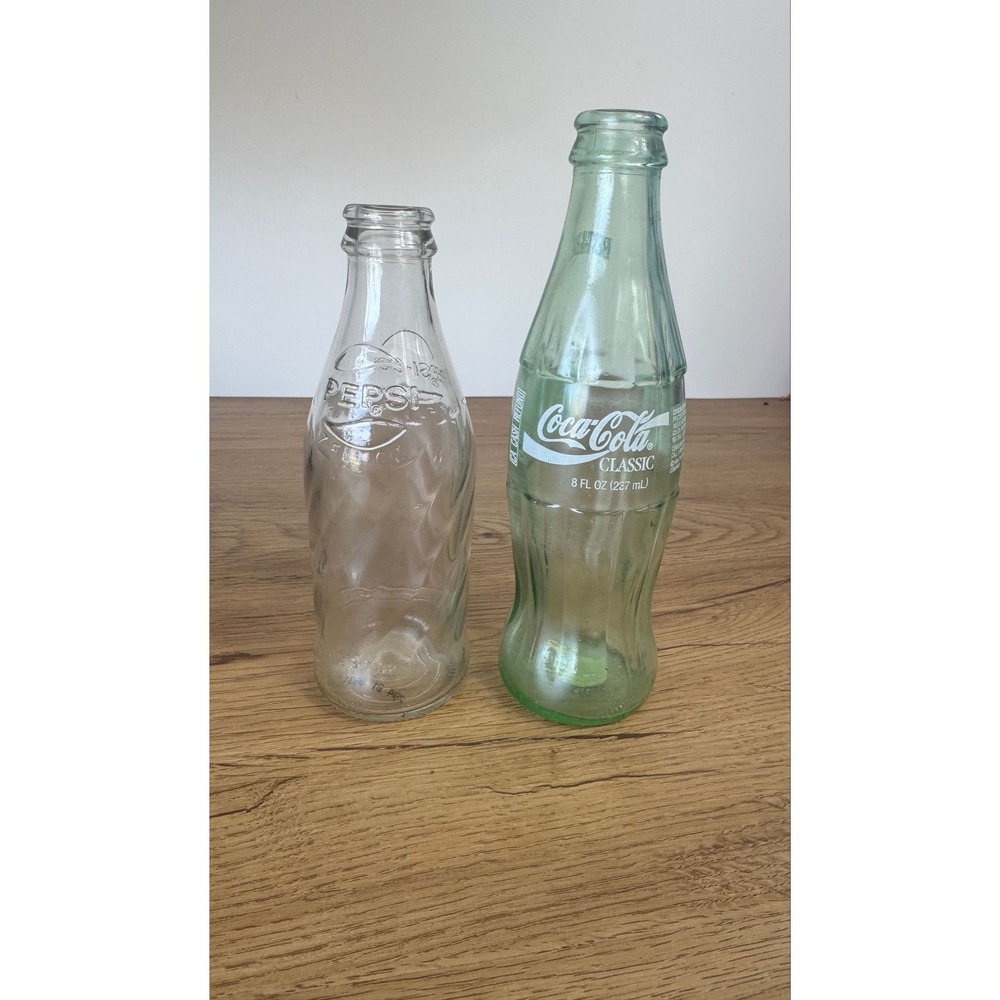 Pepsi Glass & Coca-Cola Glass Soda Bottles Clear Green Vintage Set